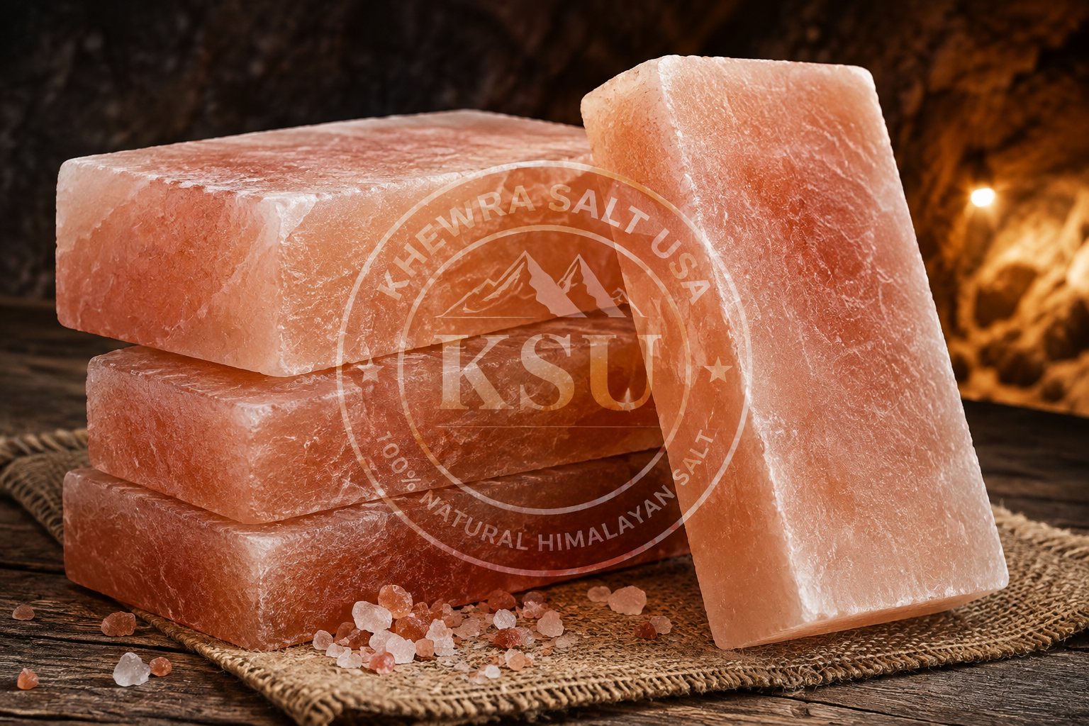 Himalayan pink salt bricks close up